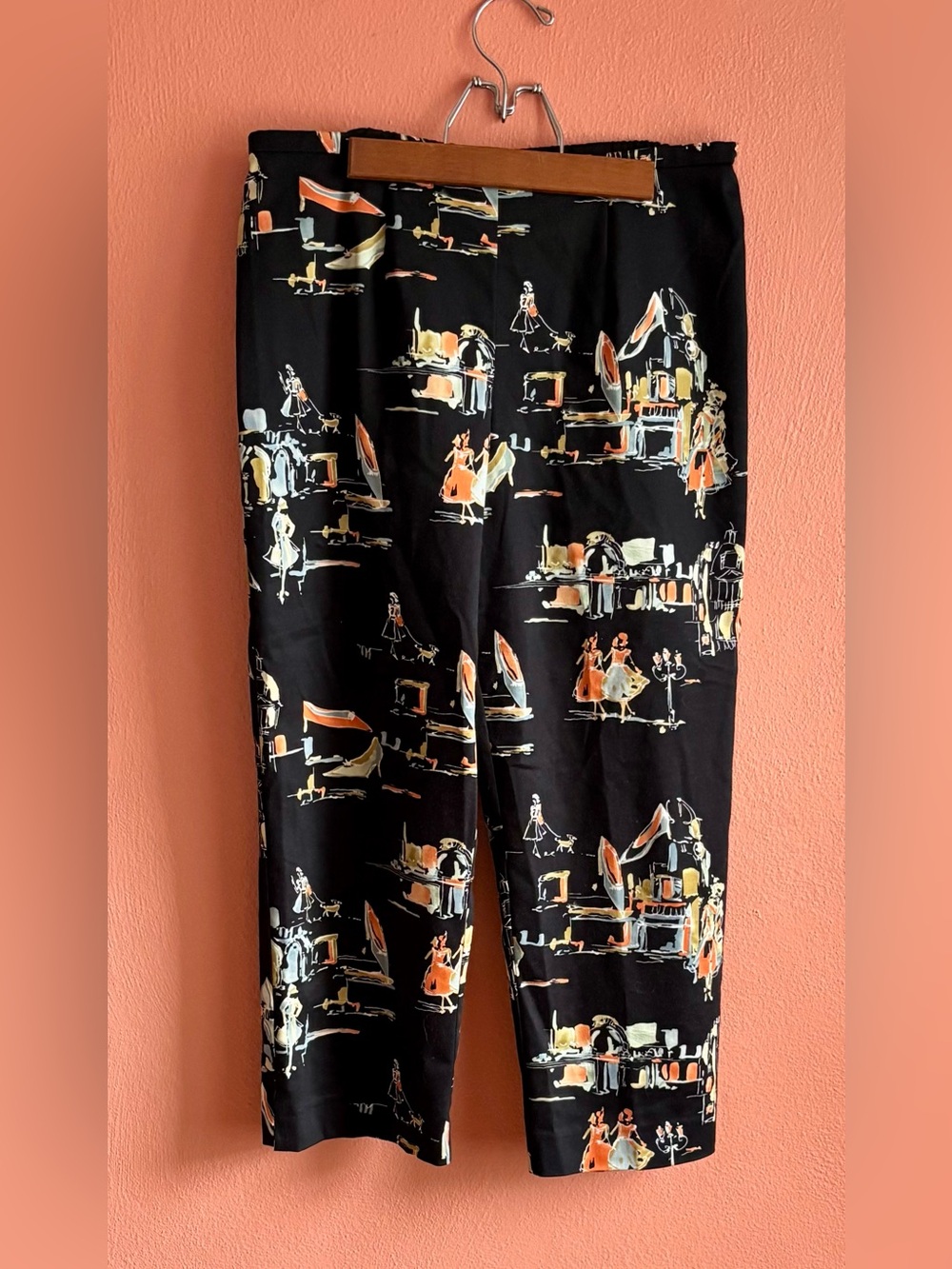 Black Cropped Pants with Orange & Cream Scenic Print